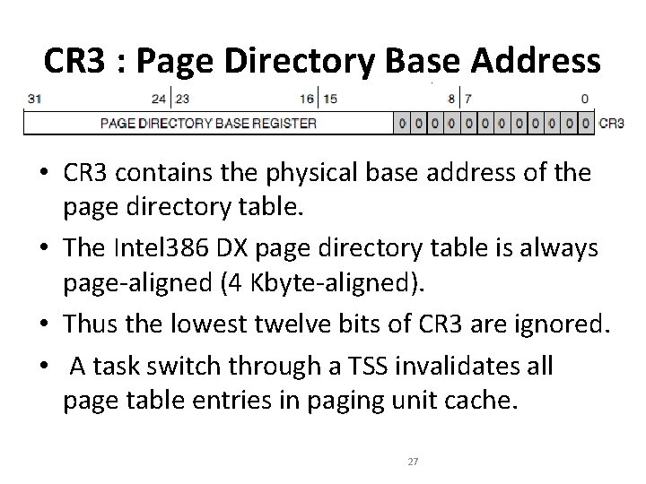 CR 3 : Page Directory Base Address • CR 3 contains the physical base CR 3 : Page Directory Base Address • CR 3 contains the physical base