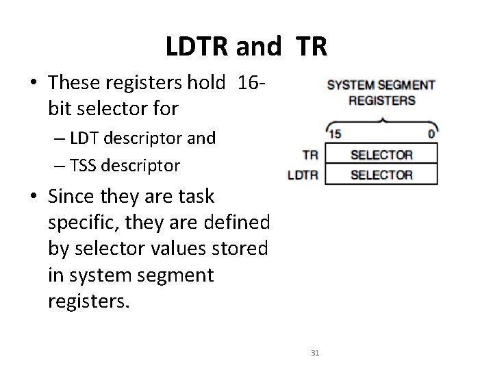 LDTR and TR • These registers hold 16 bit selector for – LDT descriptor LDTR and TR • These registers hold 16 bit selector for – LDT descriptor