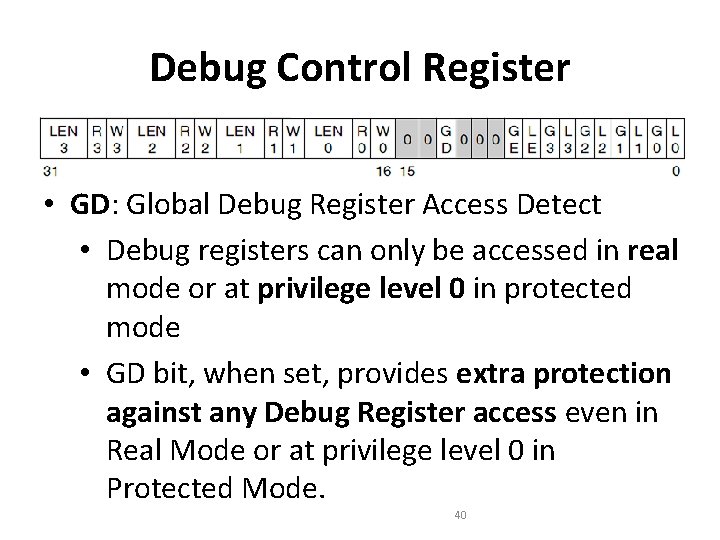 Debug Control Register • GD: Global Debug Register Access Detect • Debug registers can Debug Control Register • GD: Global Debug Register Access Detect • Debug registers can