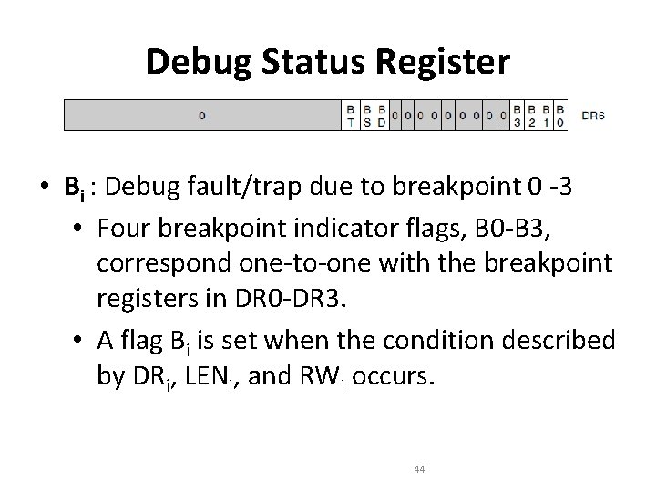 Debug Status Register • Bi : Debug fault/trap due to breakpoint 0 -3 • Debug Status Register • Bi : Debug fault/trap due to breakpoint 0 -3 •