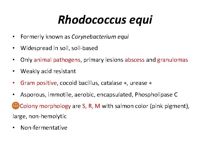 Rhodococcus equi • Formerly known as Corynebacterium equi • Widespread in soil, soil-based •