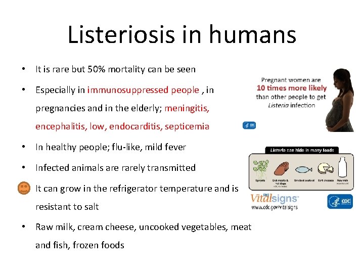 Listeriosis in humans • It is rare but 50% mortality can be seen •