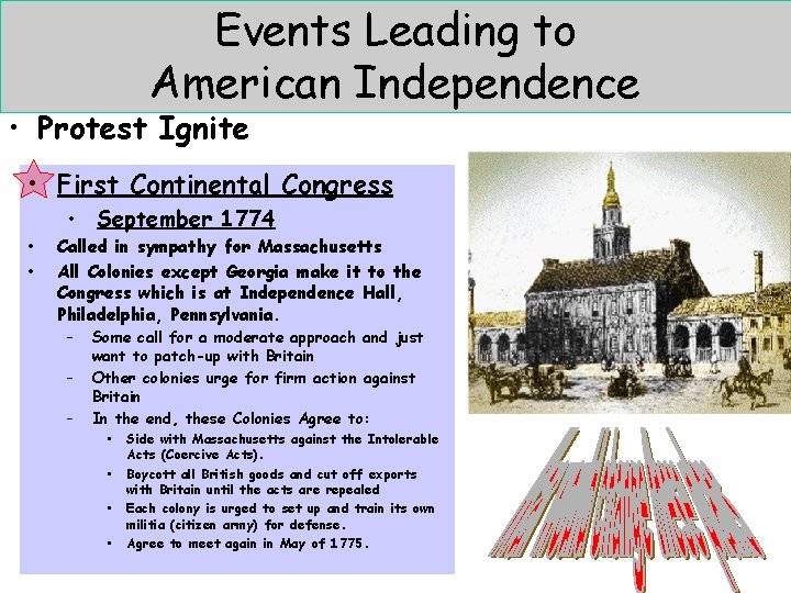 Events Leading to American Independence • Protest Ignite • First Continental Congress • •