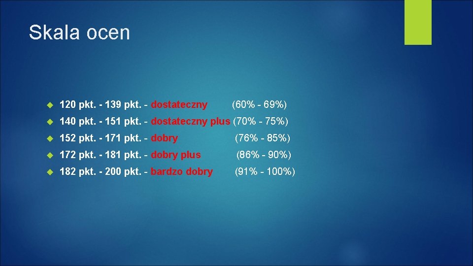 Skala ocen 120 pkt. - 139 pkt. - dostateczny (60% - 69%) 140 pkt.