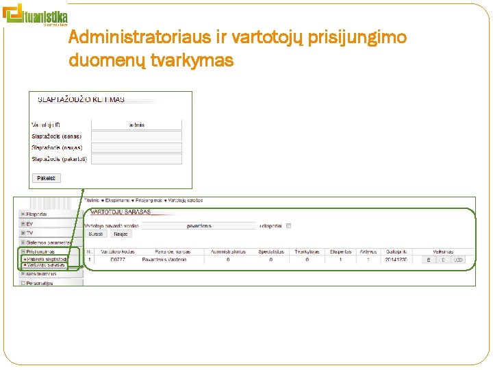 Administratoriaus ir vartotojų prisijungimo duomenų tvarkymas 