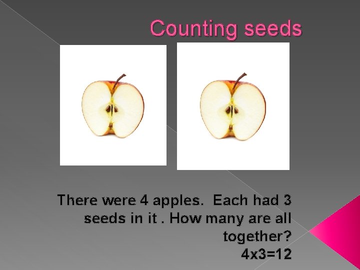 Counting seeds There were 4 apples. Each had 3 seeds in it. How many