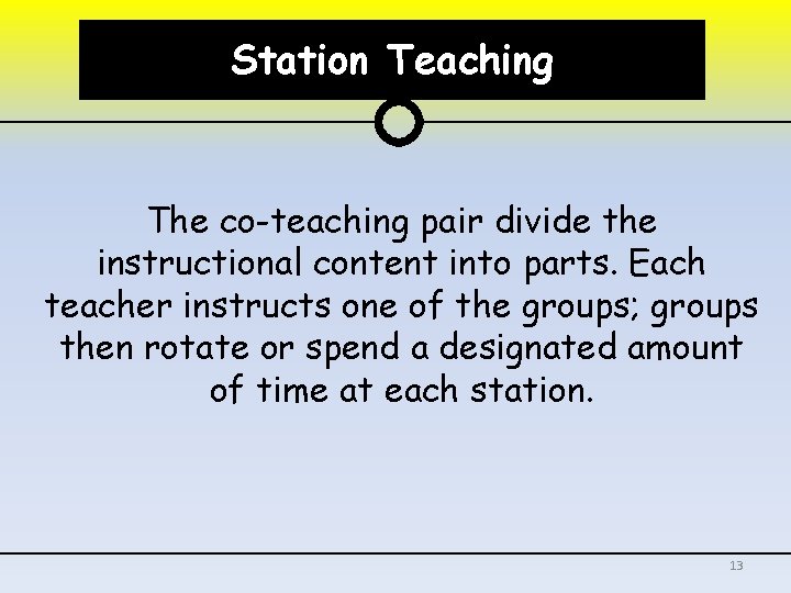 Station Teaching The co-teaching pair divide the instructional content into parts. Each teacher instructs