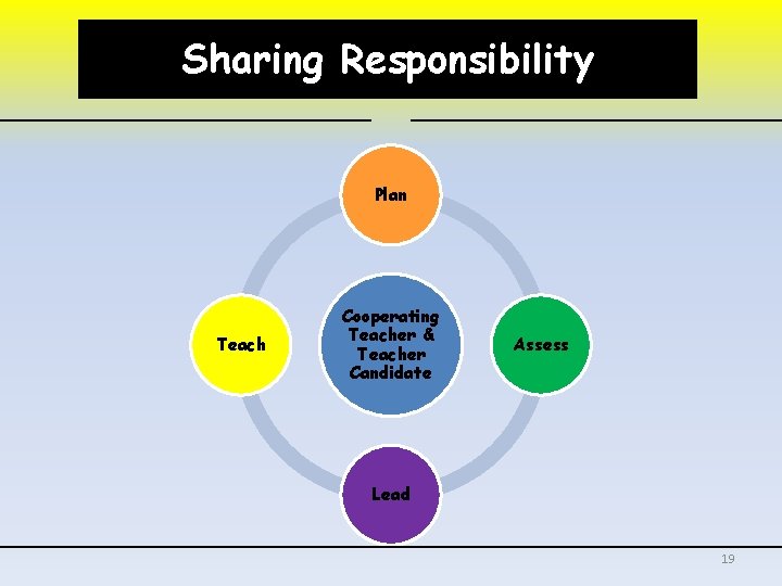 Sharing Responsibility Plan Teach Cooperating Teacher & Teacher Candidate Assess Lead 19 