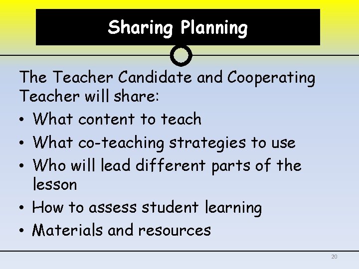 Sharing Planning The Teacher Candidate and Cooperating Teacher will share: • What content to