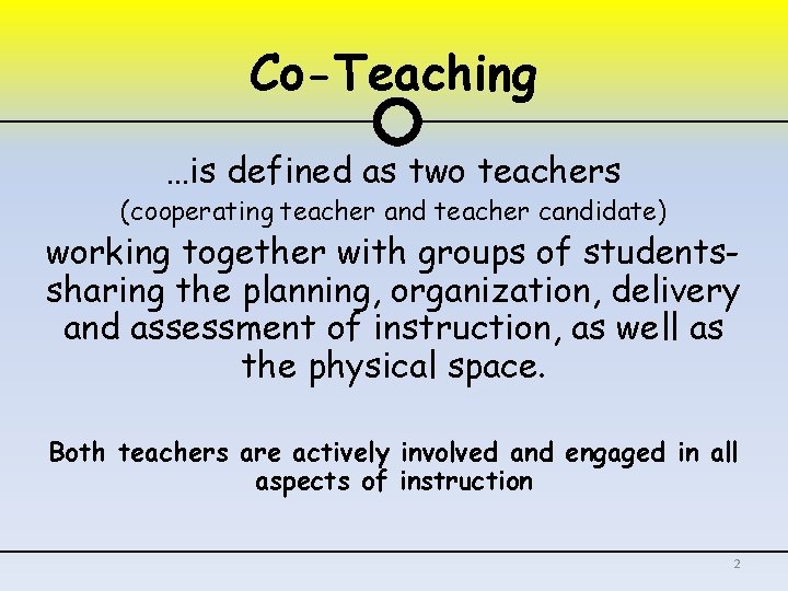 Co-Teaching …is defined as two teachers (cooperating teacher and teacher candidate) working together with