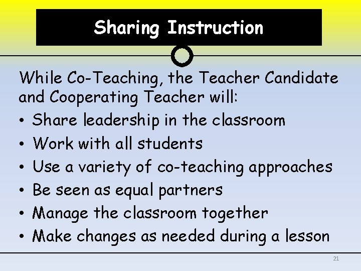 Sharing Instruction While Co-Teaching, the Teacher Candidate and Cooperating Teacher will: • Share leadership