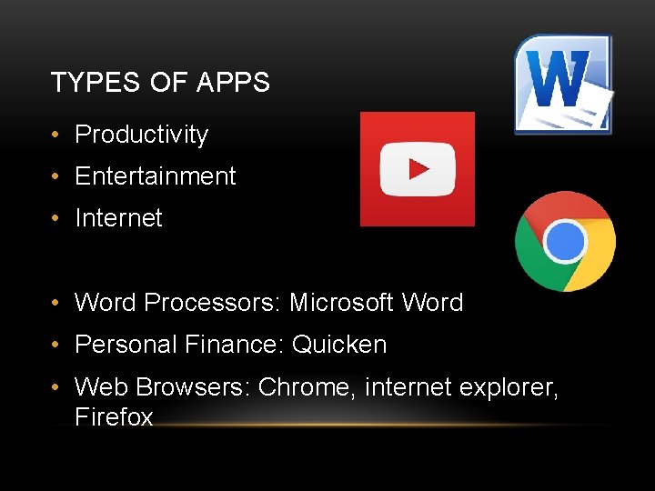 TYPES OF APPS • Productivity • Entertainment • Internet • Word Processors: Microsoft Word
