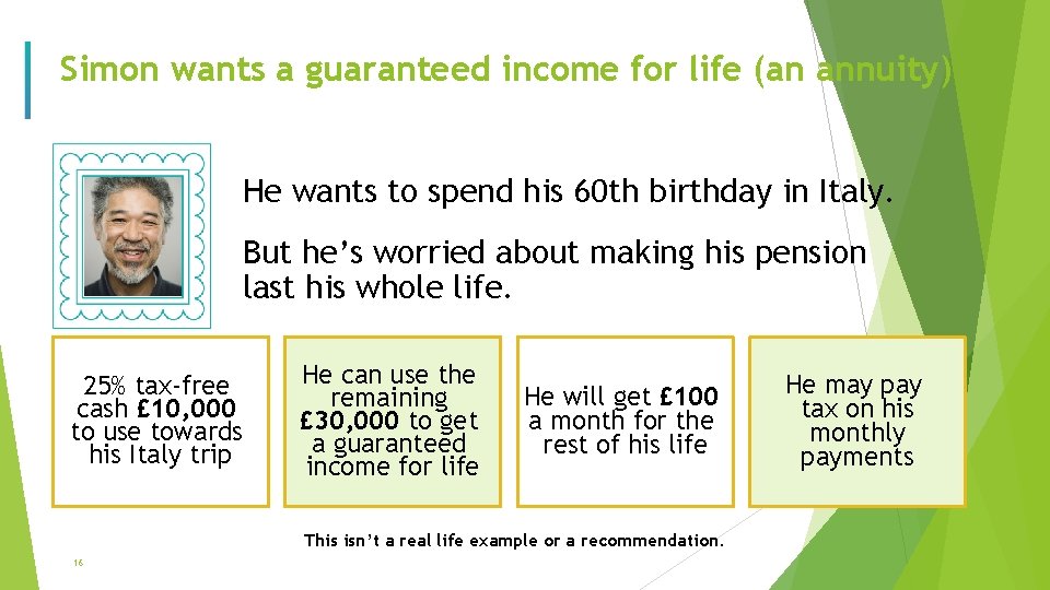Simon wants a guaranteed income for life (an annuity) He wants to spend his