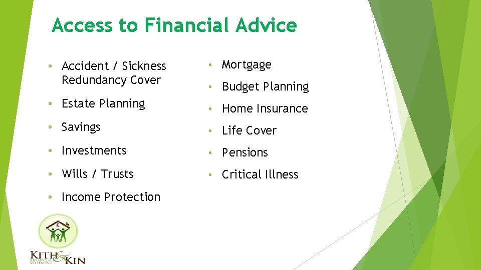 Access to Financial Advice • Mortgage • Budget Planning • Estate Planning • Home