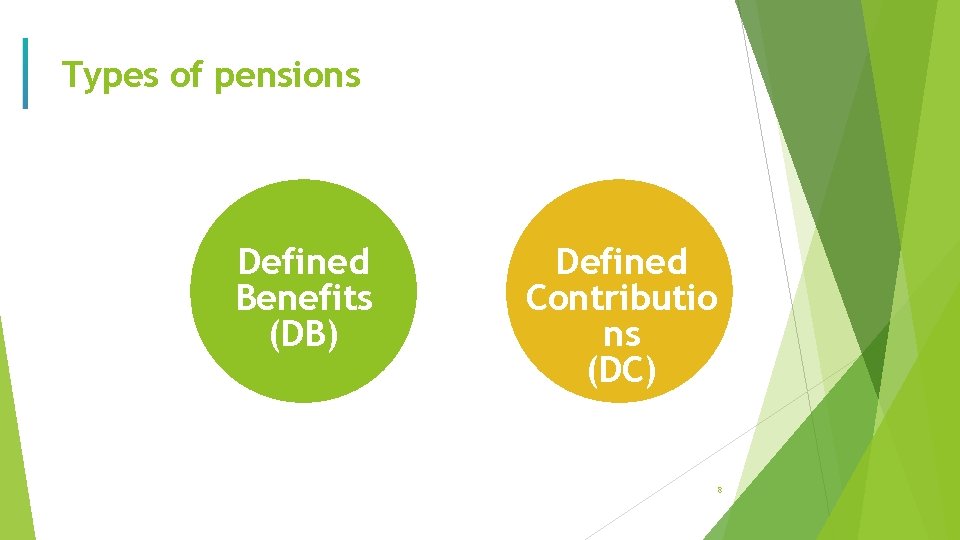 Types of pensions Defined Benefits (DB) Defined Contributio ns (DC) 8 