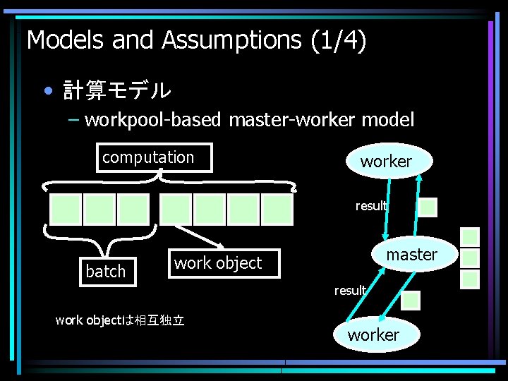 Models and Assumptions (1/4) • 計算モデル – workpool-based master-worker model computation worker result batch