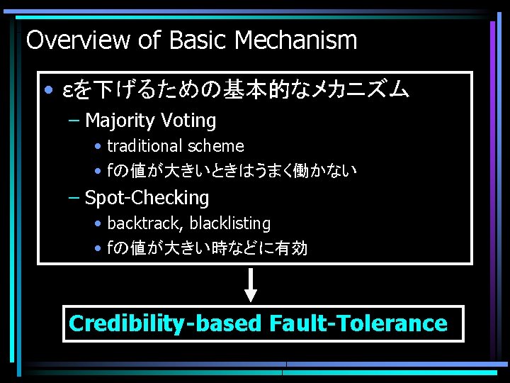 Overview of Basic Mechanism • εを下げるための基本的なメカニズム – Majority Voting • traditional scheme • fの値が大きいときはうまく働かない