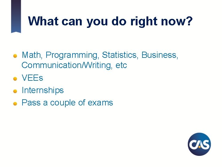 What can you do right now? Math, Programming, Statistics, Business, Communication/Writing, etc VEEs Internships