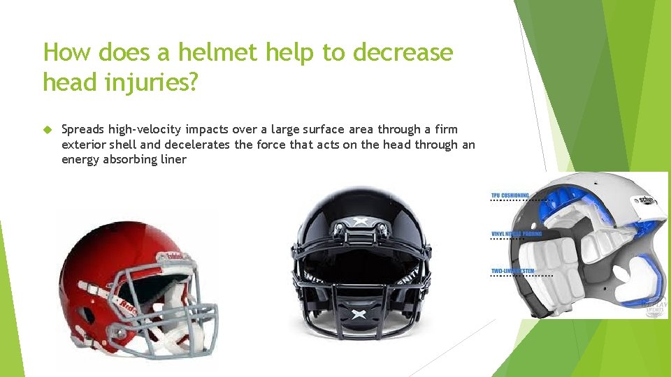 How does a helmet help to decrease head injuries? Spreads high-velocity impacts over a