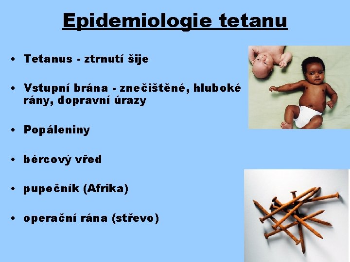 Epidemiologie tetanu • Tetanus - ztrnutí šije • Vstupní brána - znečištěné, hluboké rány,