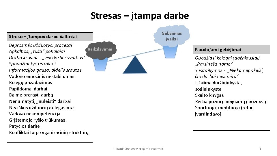 Stresas – įtampa darbe Streso – įtampos darbe šaltiniai Gebėjimas įveikti Beprasmės užduotys, procesai