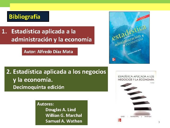 Bibliografía 1. Estadística aplicada a la administración y la economía Autor: Alfredo Díaz Mata