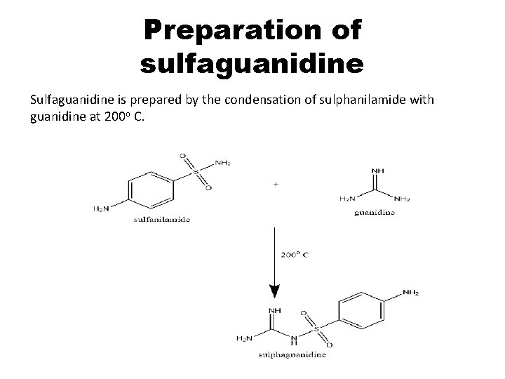 Preparation of sulfaguanidine Sulfaguanidine is prepared by the condensation of sulphanilamide with guanidine at