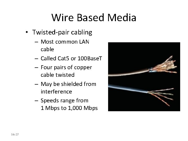 Wire Based Media • Twisted-pair cabling – Most common LAN cable – Called Cat