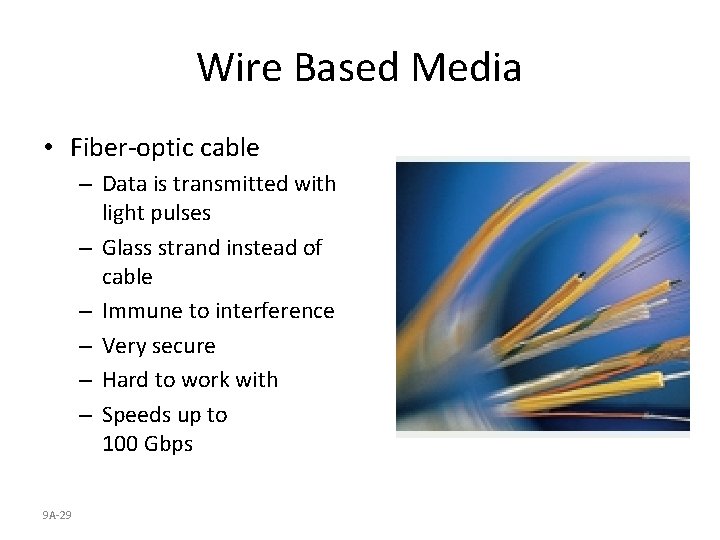 Wire Based Media • Fiber-optic cable – Data is transmitted with light pulses –
