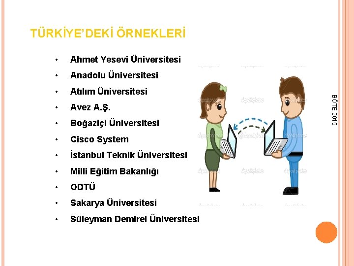 TÜRKİYE’DEKİ ÖRNEKLERİ Ahmet Yesevi Üniversitesi • Anadolu Üniversitesi • Atılım Üniversitesi • Avez A.