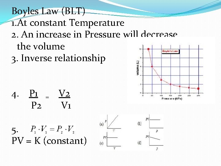 Boyles Law (BLT) 1. At constant Temperature 2. An increase in Pressure will decrease