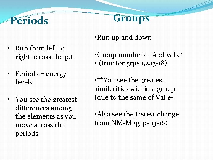 Periods Groups • Run up and down • Run from left to right across