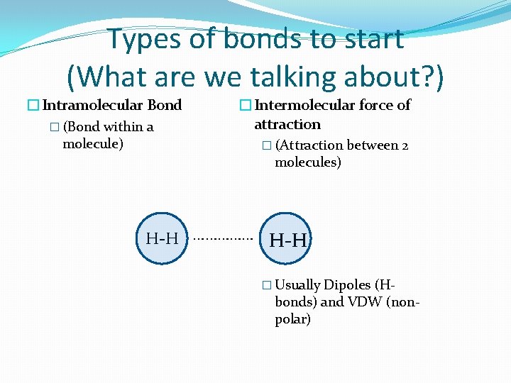 Types of bonds to start (What are we talking about? ) �Intramolecular Bond �