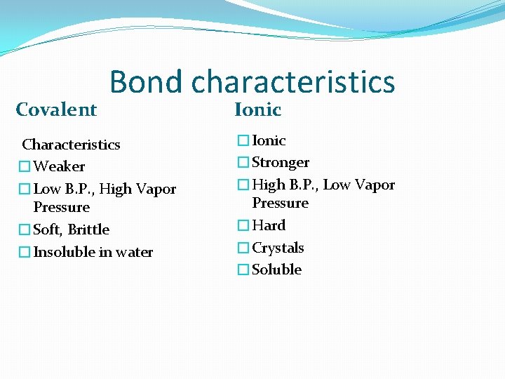 Covalent Bond characteristics Characteristics �Weaker �Low B. P. , High Vapor Pressure �Soft, Brittle