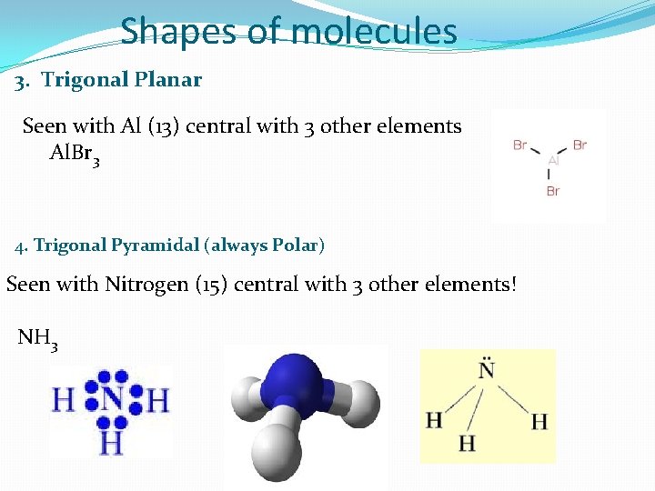 Shapes of molecules 3. Trigonal Planar Seen with Al (13) central with 3 other