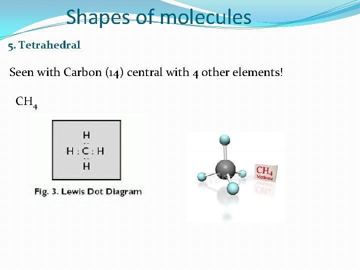 Shapes of molecules 5. Tetrahedral Seen with Carbon (14) central with 4 other elements!
