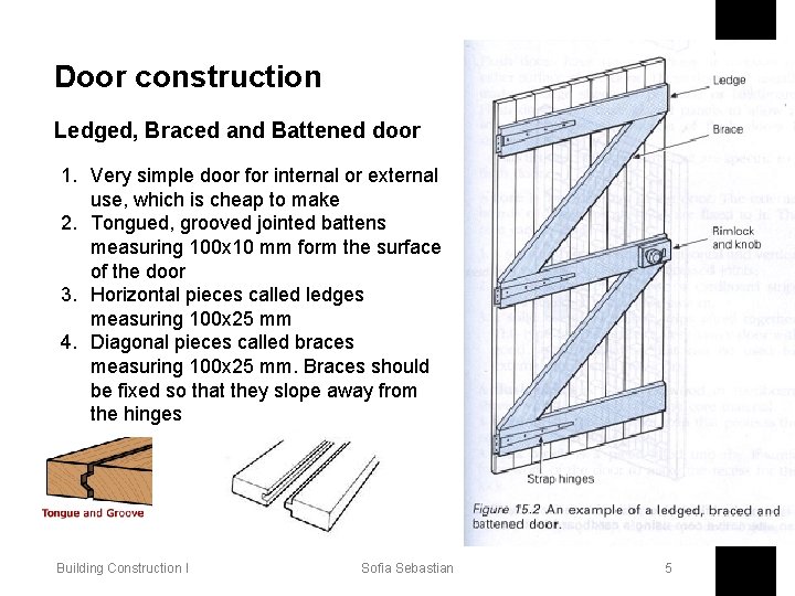 Door construction Ledged, Braced and Battened door 1. Very simple door for internal or