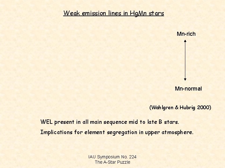 Weak emission lines in Hg. Mn stars Mn-rich Mn-normal (Wahlgren & Hubrig 2000) WEL