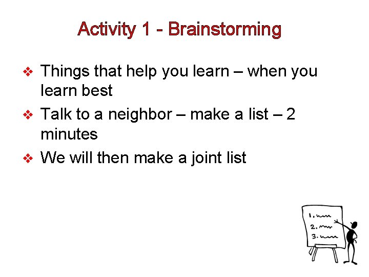 Activity 1 - Brainstorming Things that help you learn – when you learn best