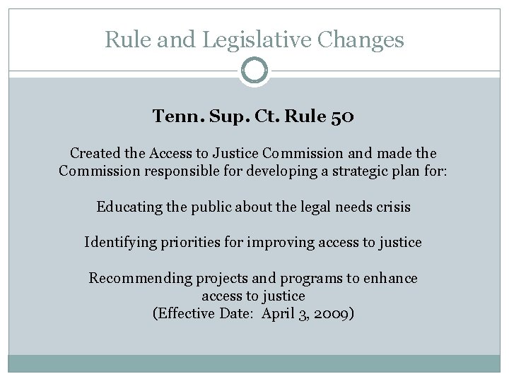 Rule and Legislative Changes Tenn. Sup. Ct. Rule 50 Created the Access to Justice