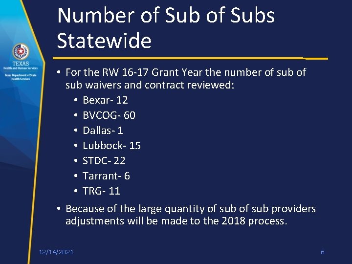 Number of Subs Statewide • For the RW 16 -17 Grant Year the number