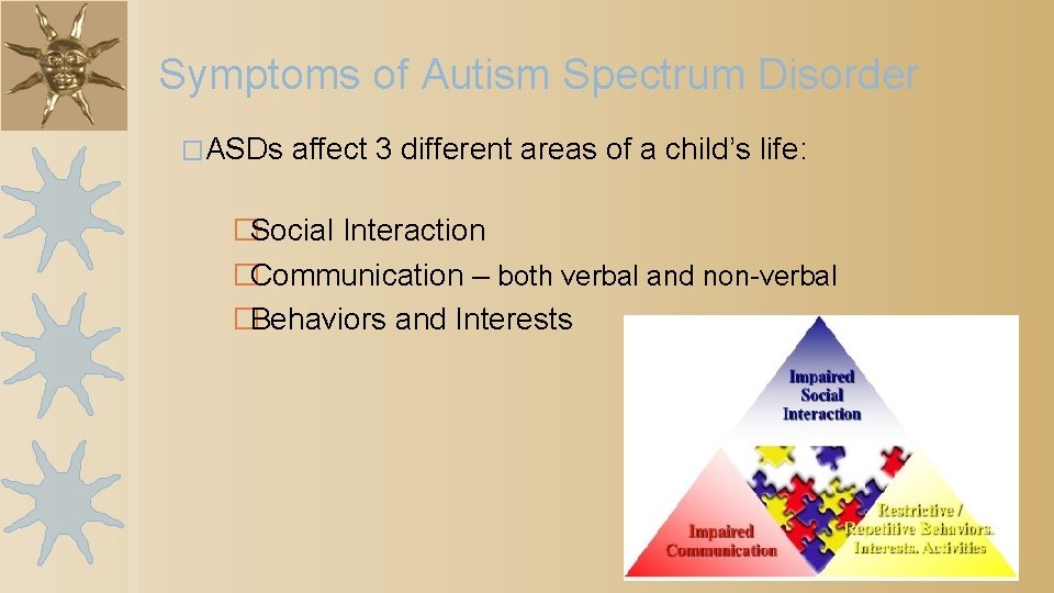 Symptoms of Autism Spectrum Disorder �ASDs affect 3 different areas of a child’s life: