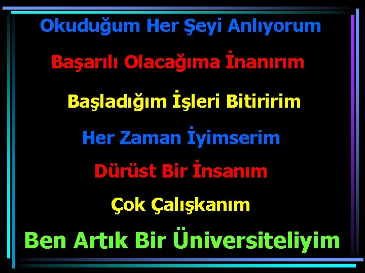 Okuduğum Her Şeyi Anlıyorum Başarılı Olacağıma İnanırım Başladığım İşleri Bitiririm Her Zaman İyimserim Dürüst