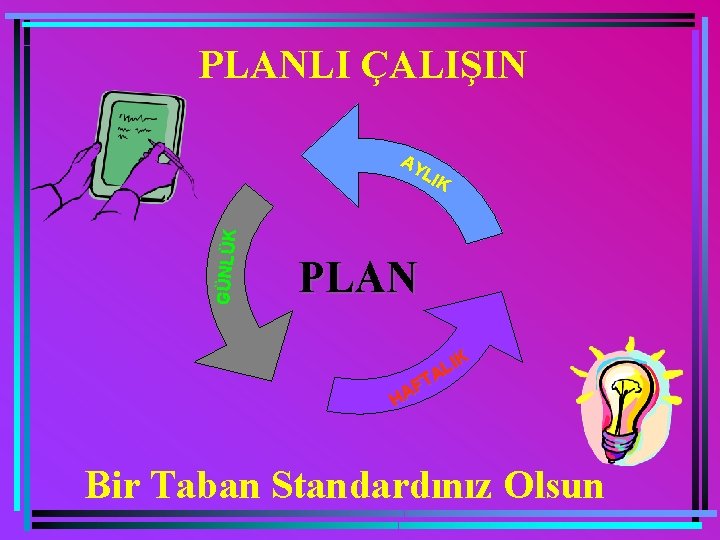 PLANLI ÇALIŞIN GÜNLÜK AY LIK PLAN IK L TA F HA Bir Taban Standardınız