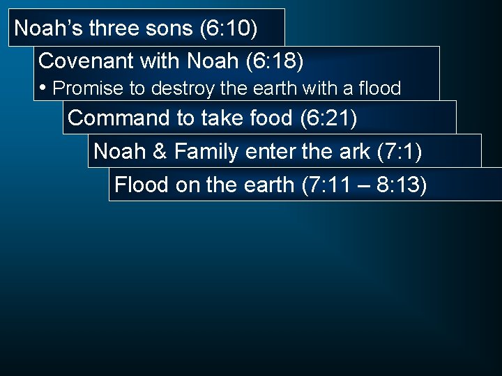 Noah’s three sons (6: 10) Covenant with Noah (6: 18) • Promise to destroy