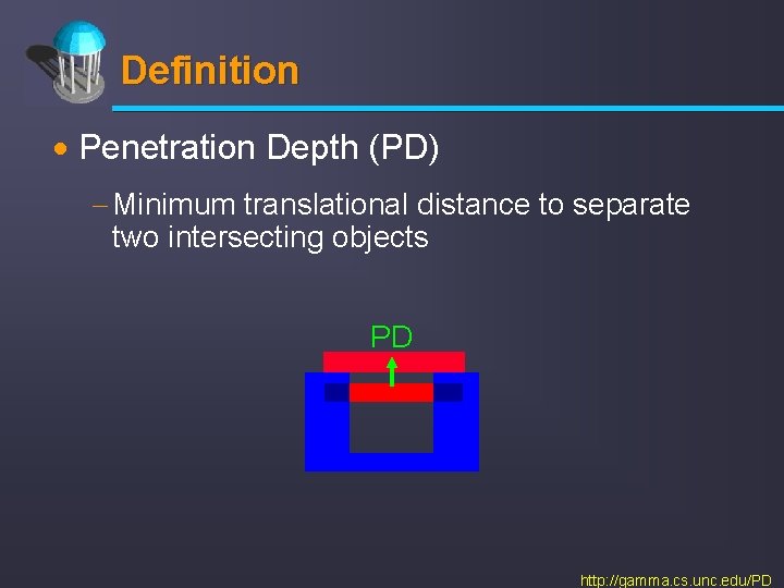 Definition · Penetration Depth (PD) - Minimum translational distance to separate two intersecting objects