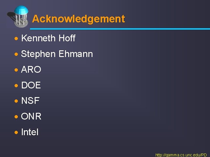 Acknowledgement · Kenneth Hoff · Stephen Ehmann · ARO · DOE · NSF ·