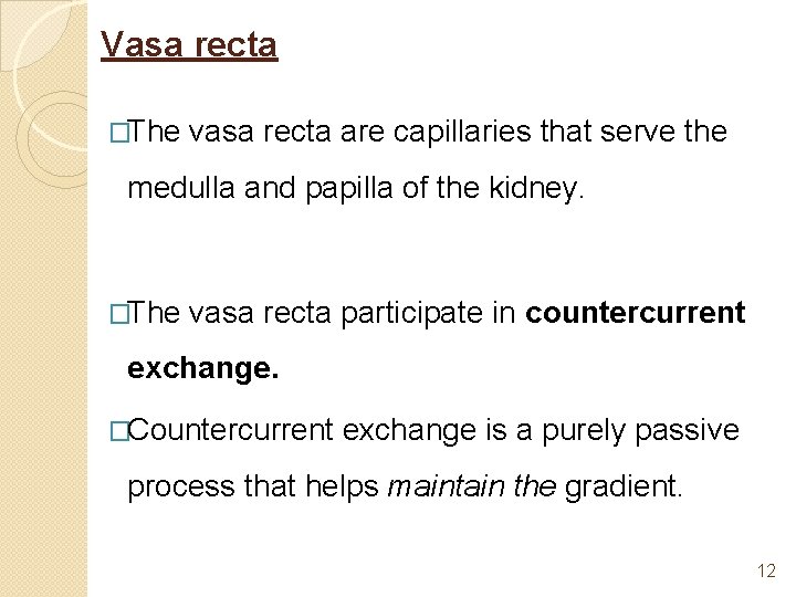 Vasa recta �The vasa recta are capillaries that serve the medulla and papilla of
