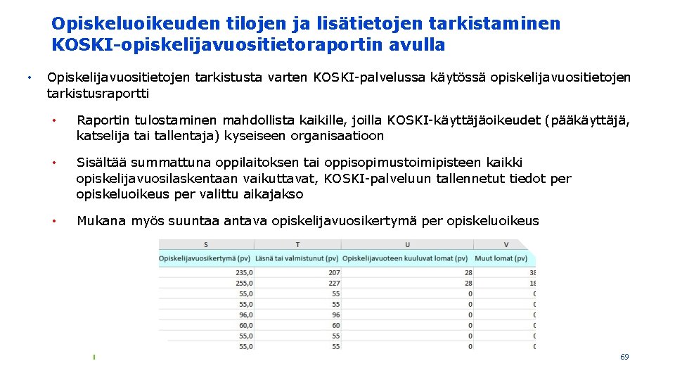 Opiskeluoikeuden tilojen ja lisätietojen tarkistaminen KOSKI-opiskelijavuositietoraportin avulla • Opiskelijavuositietojen tarkistusta varten KOSKI-palvelussa käytössä opiskelijavuositietojen