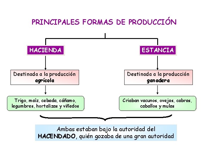 PRINCIPALES FORMAS DE PRODUCCIÓN HACIENDA ESTANCIA Destinada a la producción agrícola Destinada a la